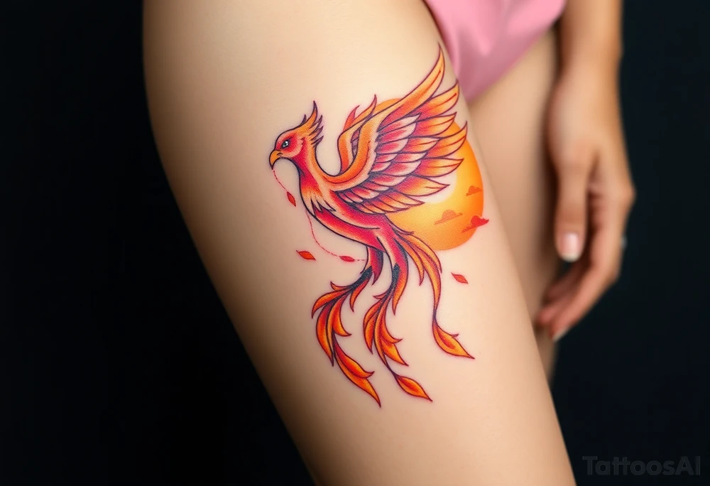 magnificent phoenix rising from flames with trailing embers pinks golds orange and yellows with a golden sunset and sky backdrop tattoo idea