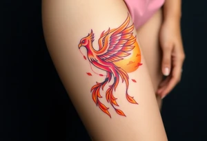magnificent phoenix rising from flames with trailing embers pinks golds orange and yellows with a golden sunset and sky backdrop tattoo idea