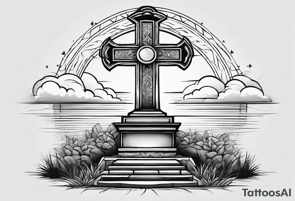 Tomb with cross and sun in the background tattoo idea