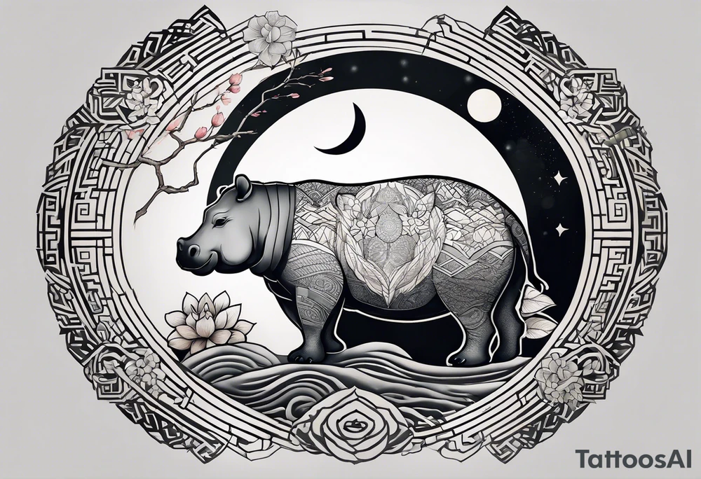 Very asymmetrical, +geometric pattern, with realistic full moon, with seeious looking hippo, +zen feel, + Buddhism touch, +tribal, +geometric, +chinese inkart 
with wintersweet flower bud, +portrait orientation, +inkart touch, tattoo idea