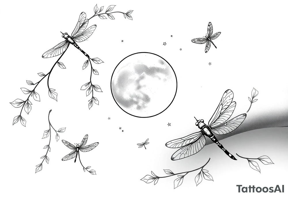 arm, background that contains, vines, dragonflies, stars, celestial moon tattoo idea