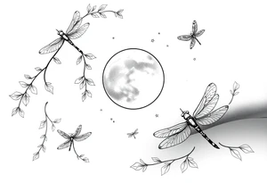 arm, background that contains, vines, dragonflies, stars, celestial moon tattoo idea