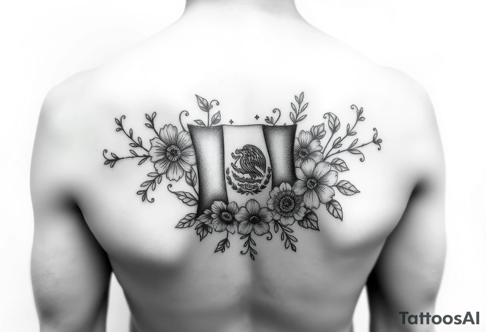 Small, feminine tattoo for placement on my clavical or lower back that reflects new life journey, delicate florals, ornaments and vines. Include Mexican flag and images of Mexican flowers. Style as if painted on a Mexican tile and include red, green and blue accents. tattoo idea