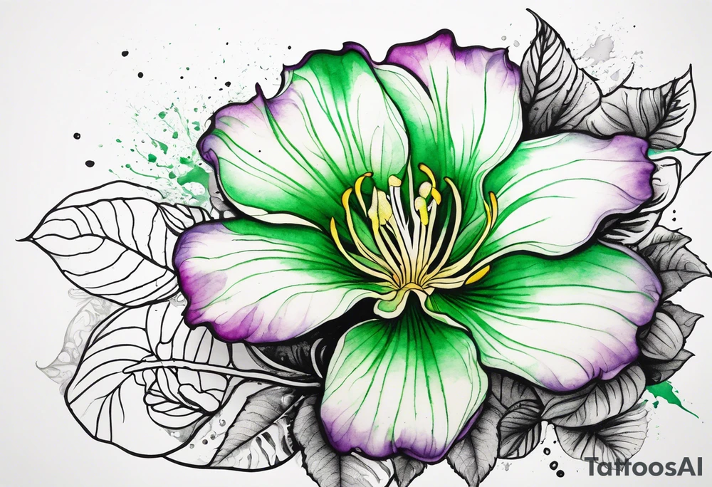 An outline of a rio dipladenia flower with a mystical green/purple watercolor splash in the background tattoo idea