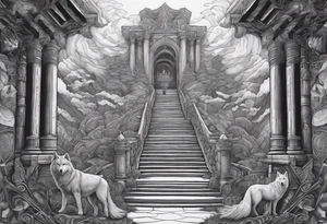 a staircase to valhalla with Odin at its end. On the side of the stair is a pack ow wolves. Also add in a a pair of doves and two ravens tattoo idea