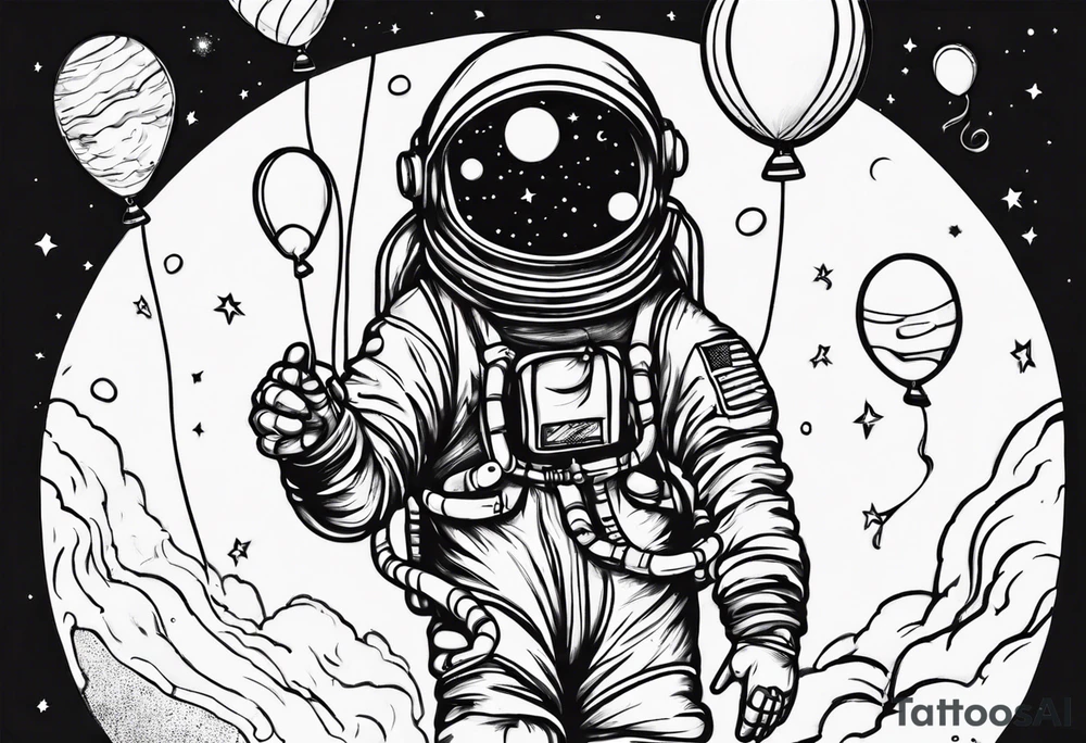 astronaut holding in hand  several balloons but balloons are planets tattoo idea