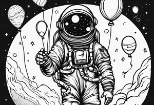 astronaut holding in hand  several balloons but balloons are planets tattoo idea