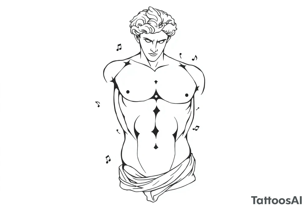 Male Greek statue torso. No arms, legs or head. Fit and muscular. Simple design. Hard lines and angles. A few creative arts symbols like music notes scattered around the torso and partially behind it. tattoo idea