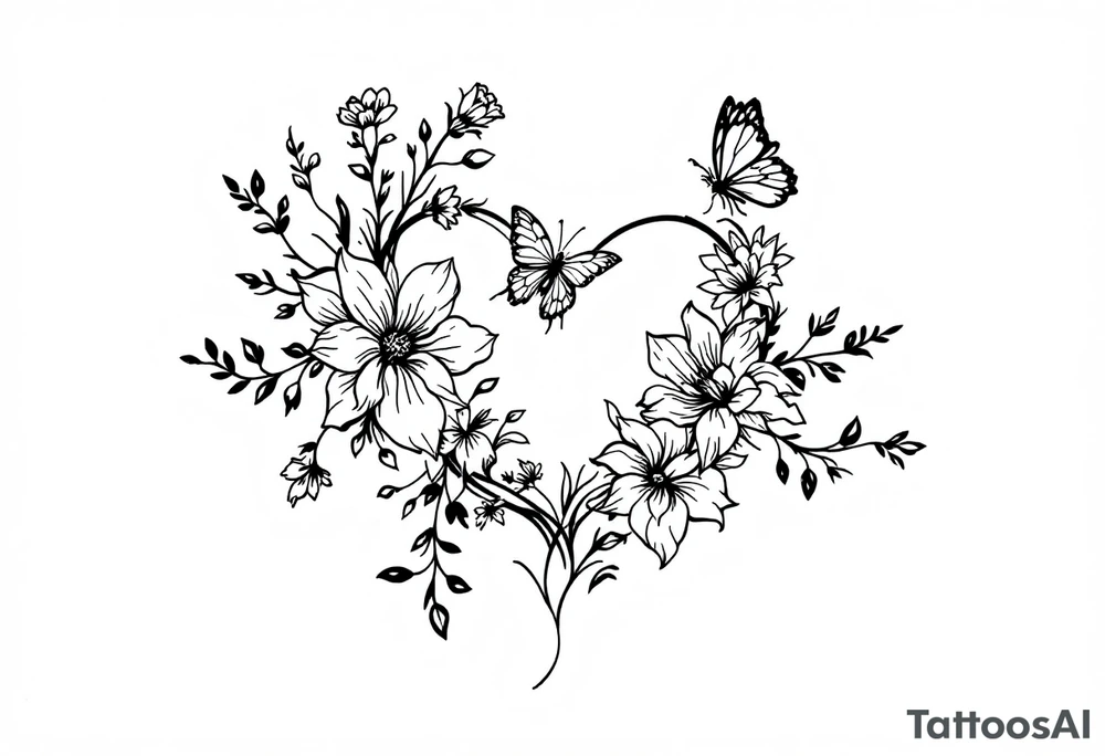 Flowers, heart and buttherfly with name Zackary and Charlie tattoo idea