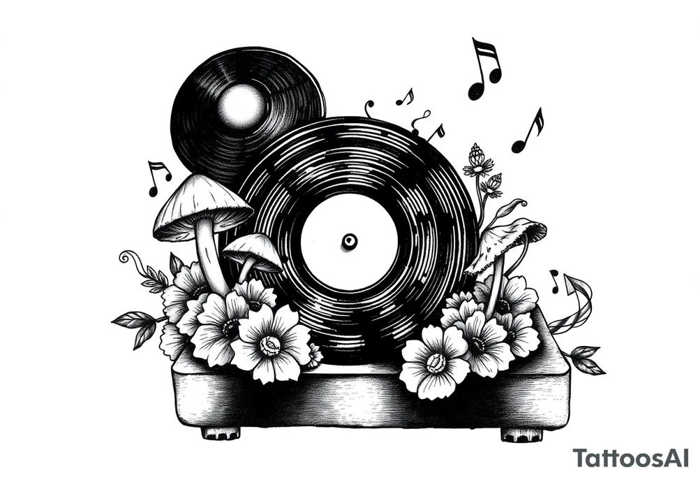 fun vinyl record player with mushrooms, flowers, and music notes around it tattoo idea