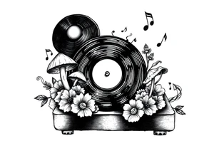 fun vinyl record player with mushrooms, flowers, and music notes around it tattoo idea