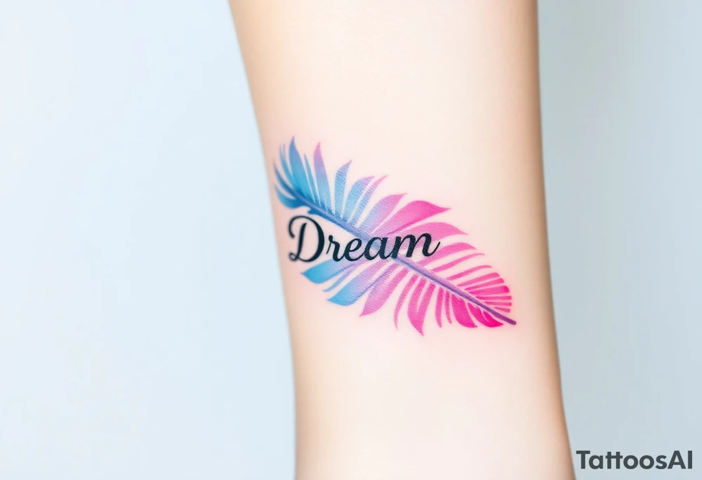 A soft watercolor feather in pastel shades of pink, blue, and lavender, with the word "Dream" gently woven into the strands tattoo idea