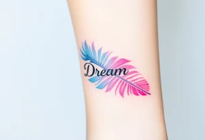 A soft watercolor feather in pastel shades of pink, blue, and lavender, with the word "Dream" gently woven into the strands tattoo idea