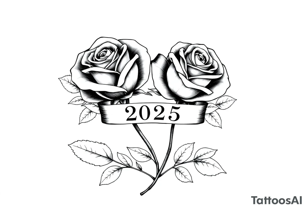 two beautiful large rose buds, one larger than the other, with many leaves next to the rose buds, with one sitting higher than the other. Include a banner connecting the two roses with the year "2025" on it.   Use dark outlines with little shading. The two stems should be short, not long, and connect and join into one stem, whimsically curved or twisted - not straight down. tattoo idea