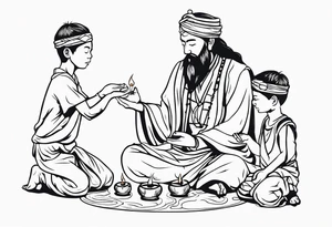 mindful savage, wise man performing transition ritual with young boys tattoo idea