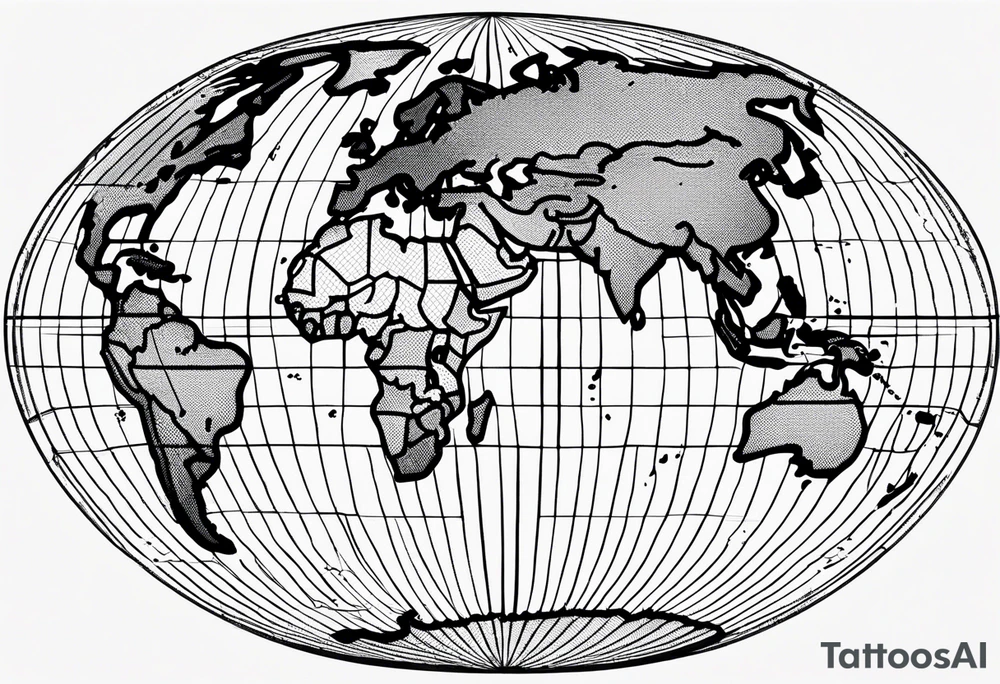 flat map of the earth with lines of a grid not shaded in with no bolding with the countries with accurate borders tattoo idea