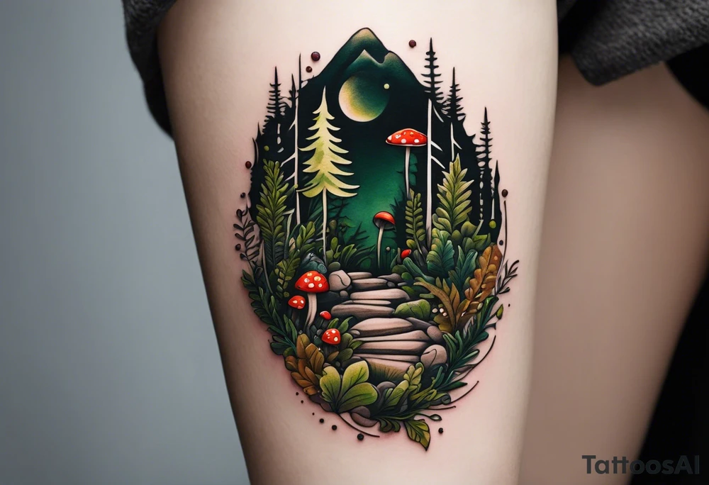 minimalistic forest floor inspired tattoo, which includes grass, moss, curly ferns and dead leaves as the bulk of the tattoo. details to include: forest berries, couple of very small brown mushrooms, a tiny bumblebee flying nearby tattoo idea