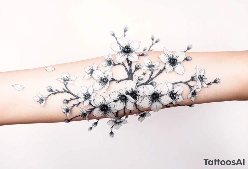 delicate cherry blossoms swirling in spring breeze with petals tattoo idea