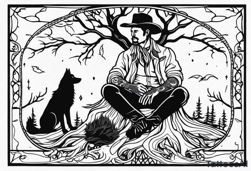 ghostly cowboy sitting in front of a fire with the tree of life behind him and a wolf and a raven tattoo idea