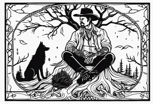 ghostly cowboy sitting in front of a fire with the tree of life behind him and a wolf and a raven tattoo idea
