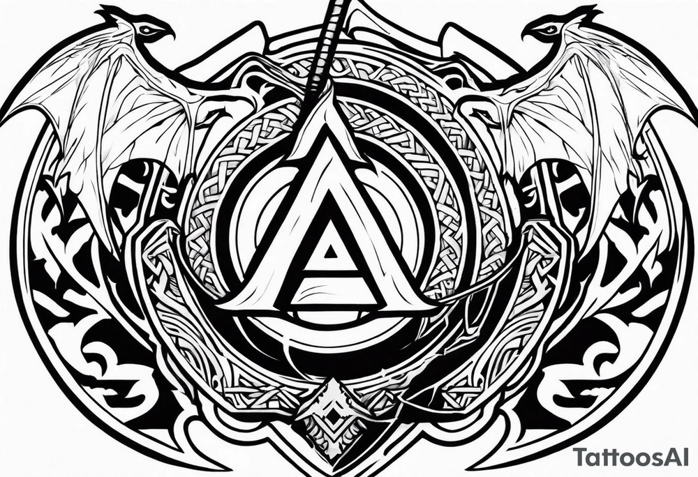 Valhalla sword shield dragon axe Valknut fire tattoo idea Valhalla sword shield dragon axe Valknut fire tattoo idea