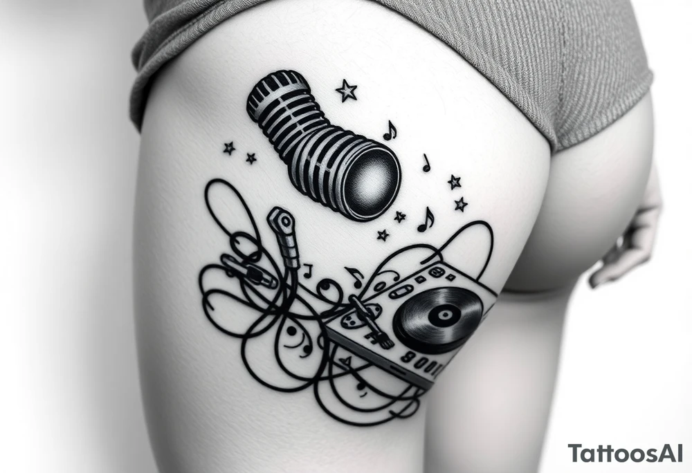 Microphone turntables and music notes graffiti style on a woman's thigh tattoo idea