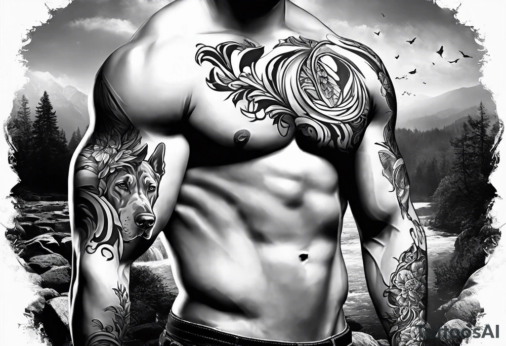 Arm sleeve for man-  with floppy ear Great Dane standing fiercely chest up. With outdoors fill work around the Dane. A waterfall in background tattoo idea