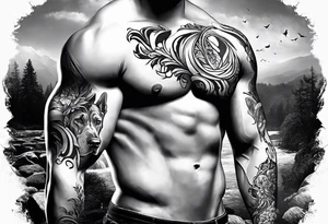 Arm sleeve for man-  with floppy ear Great Dane standing fiercely chest up. With outdoors fill work around the Dane. A waterfall in background tattoo idea