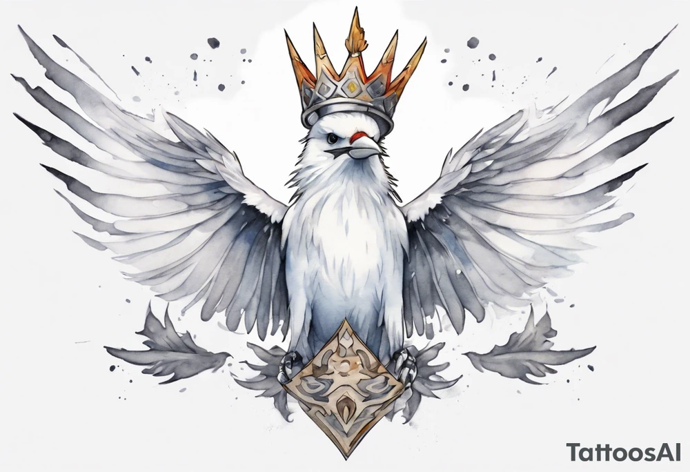 a solitary white thunderbird wearing a grey crown tattoo idea