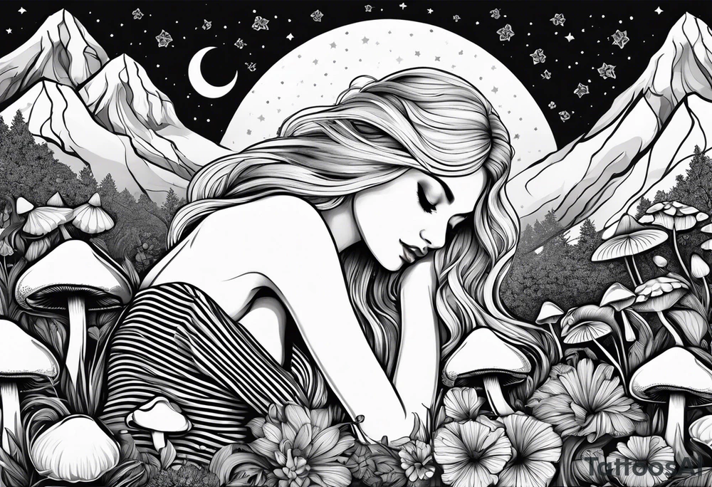 Straight blonde hair girl in black and white striped dress sleeping in a field of mushrooms with mountains s
and crescent moon mandala background tattoo idea
