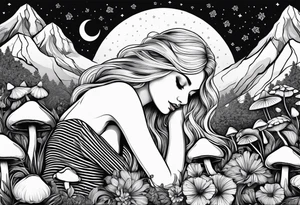 Straight blonde hair girl in black and white striped dress sleeping in a field of mushrooms with mountains s
and crescent moon mandala background tattoo idea