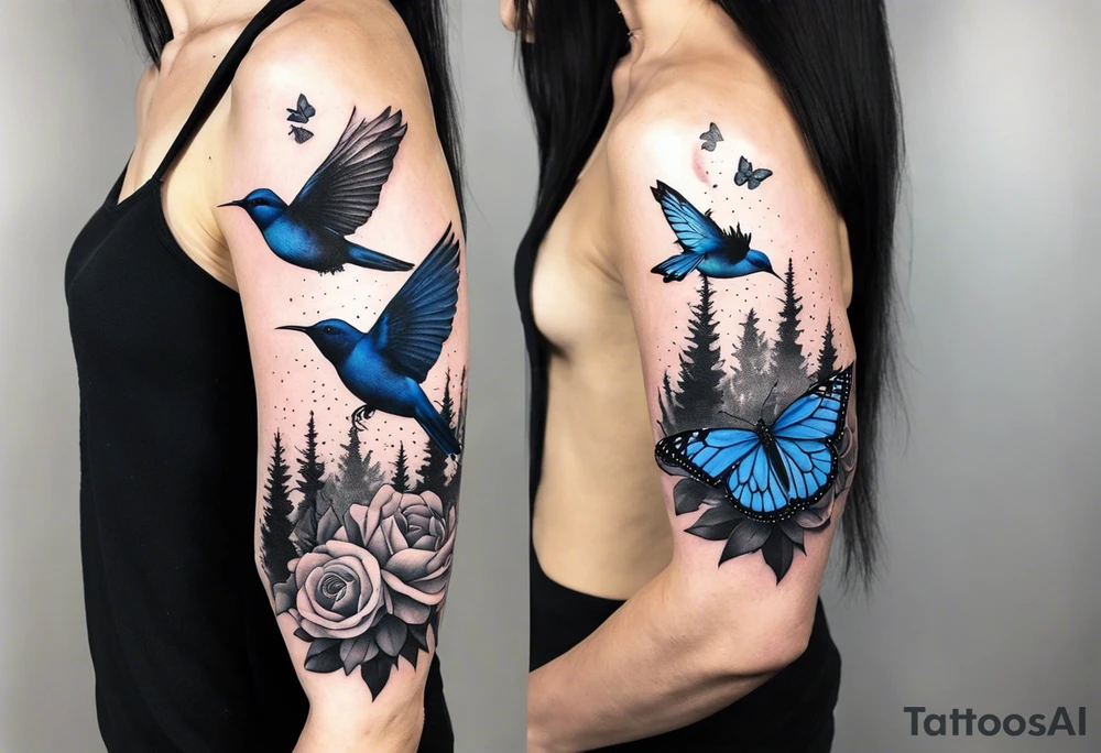Rocky mountains with mountain blue birds and monarch butterflies with wild prairie roses  for a half sleeve tattoo idea