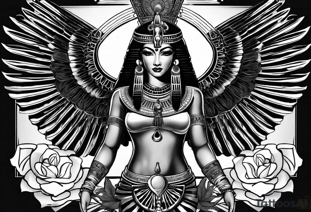 black and white Egyptian goddess Isis, who is often depicted as a woman with outstretched wings, holding an ankh (a symbol of life) in one hand and a lotus flower in the other. Her headdress often includes a throne or a solar disk. The tattoo design can vary in style and size, but it typically aims to capture the essence of this revered Egyptian deity, emphasizing her beauty, power, and maternal qualities. The choice of colors and additional elements can also be customized to create a unique and visually striking representation of the goddess Isis tattoo idea
