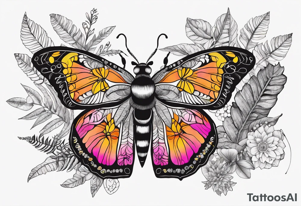 Botanical garden with ferns, black, white, orange, yellow, pink, Fuschia, Madagascan  moth, bee, mandalas, colorful, boho tattoo idea