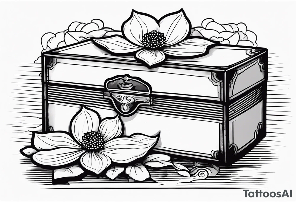 A simple vintage cigar box with a dogwood flower next to it as well as a lit cigar tattoo idea