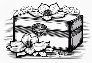 A simple vintage cigar box with a dogwood flower next to it as well as a lit cigar tattoo idea