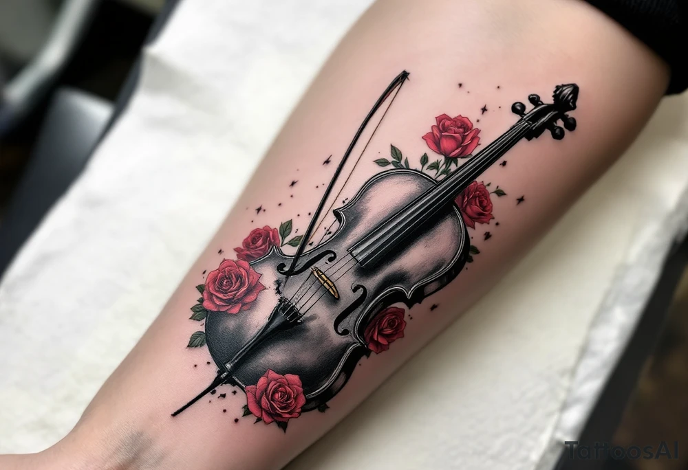 Cello and Broken Bow – A dramatic design of a black cello with a cracked or broken bow resting beside it, overlaid with red roses — representing lost love or a powerful musical journey. tattoo idea