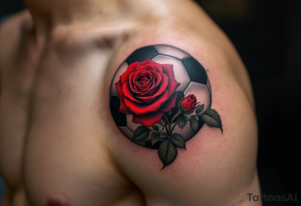 A black and gray soccer ball inked with a red rose growing through its panels. tattoo idea