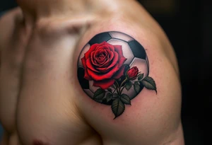 A black and gray soccer ball inked with a red rose growing through its panels. tattoo idea