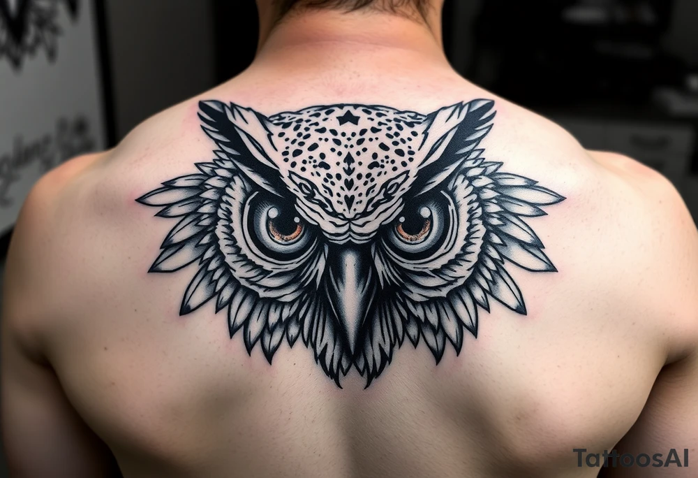 Owl head with large intense tripping on acid colored eyes tattoo idea