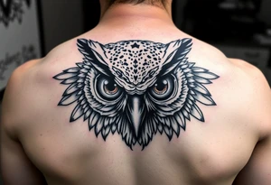 Owl head with large intense tripping on acid colored eyes tattoo idea