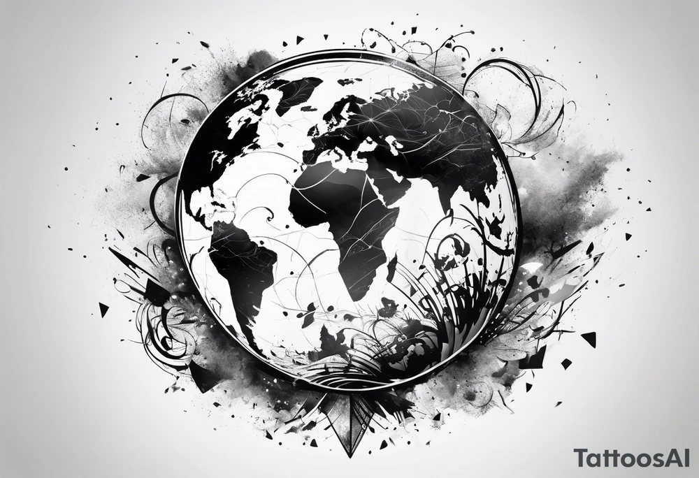 sphere exploding with world map tattoo idea