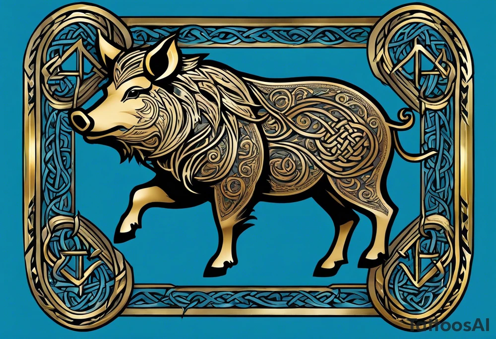 Side profile, Celtic, tribal, wild boar, On a Chatwin family crest with blue background, two gold stars, and a gold Chevron, and a Thistle tattoo idea