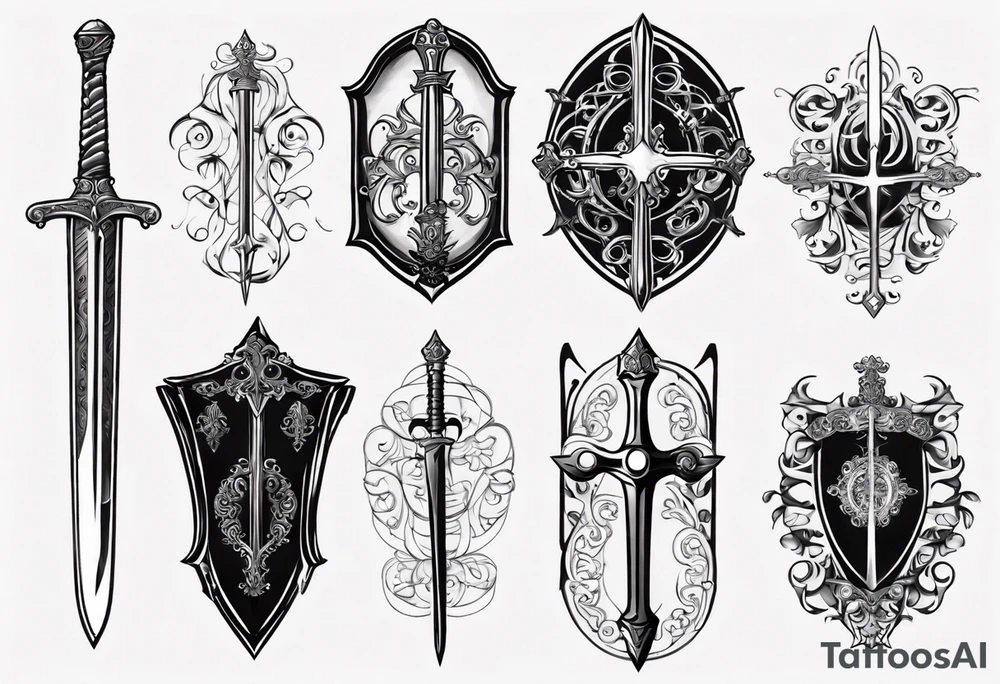 Sword behind shield filigree tattoo idea