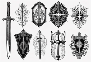 Sword behind shield filigree tattoo idea