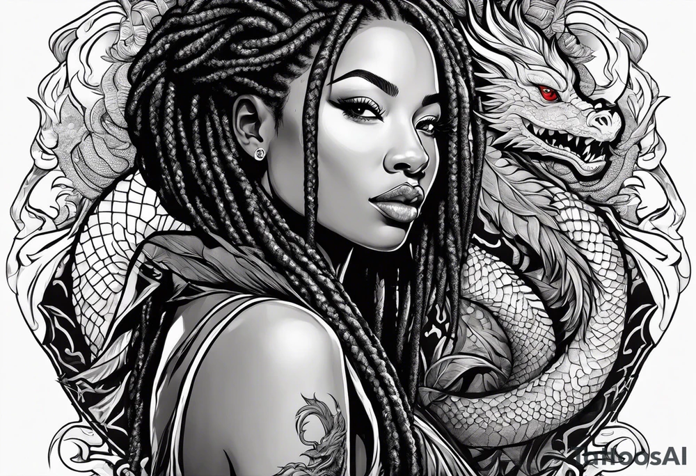 Woman with locs and red dragon in background tattoo idea