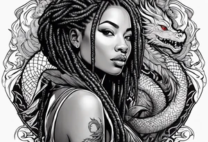 Woman with locs and red dragon in background tattoo idea