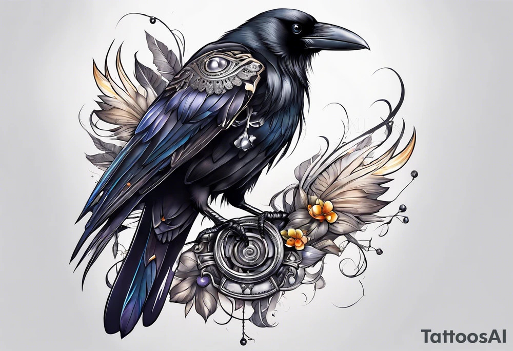 Crow with skull and shiny trinkets tattoo idea