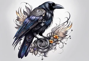 Crow with skull and shiny trinkets tattoo idea