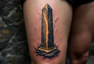 A cracked stone obelisk etched with golden hieroglyphs glowing faintly. tattoo idea